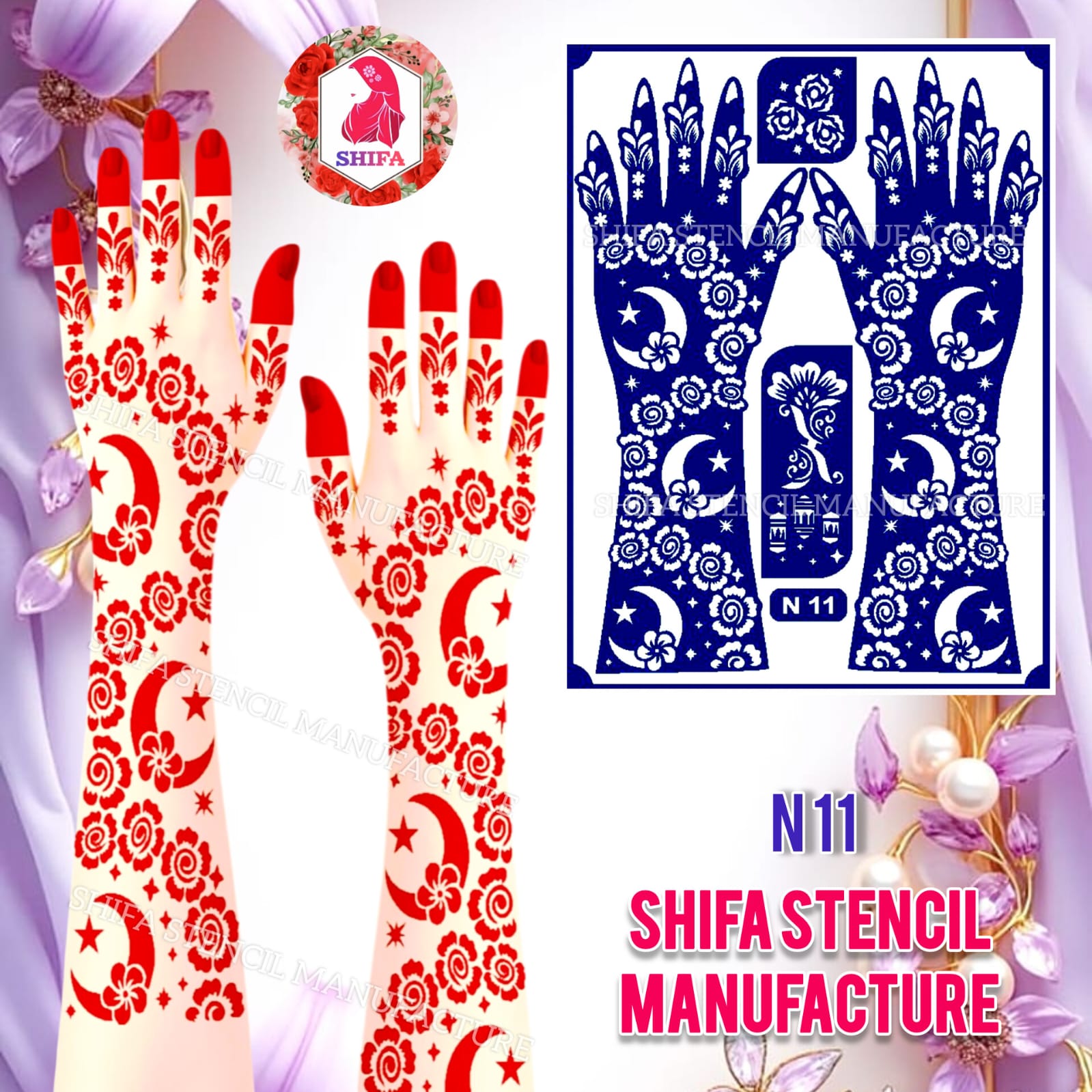 N 11 Starry Crescent Garden Sticker Overview Henna Stencil - Shifa Stencil